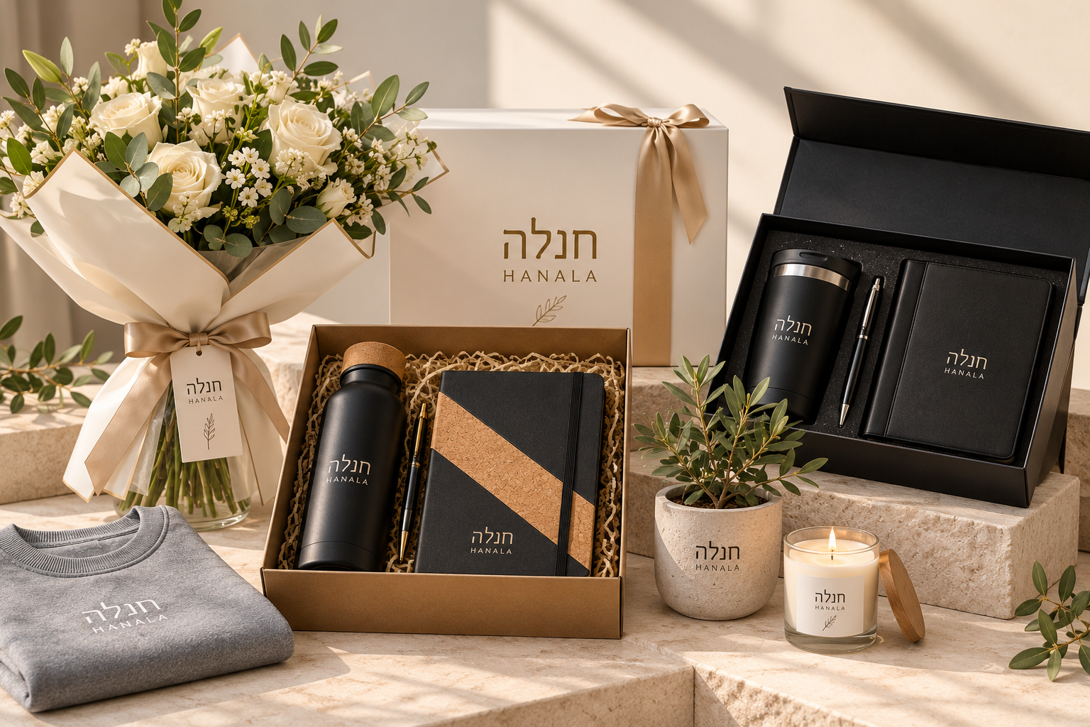 זר ורדים לבנים עם ענפי אקליפטוס לצד מארזי מתנה ממותגים של חנל׳ה